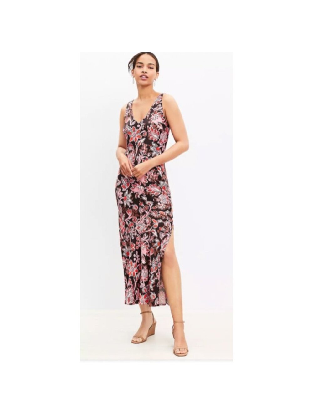 LOFT Floral Satin‎ Slip Dress Womens 2 Floral Midi Length High Slit NWT